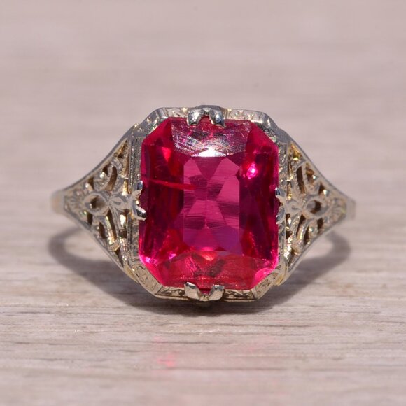 Lab Created Ruby Filigree Ring in White Gold - Picture 1 of 12